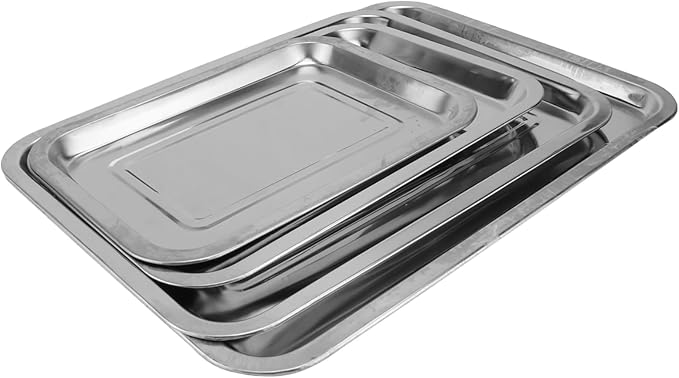 4pcs Stainless Steel Serving Tray Silver Food Plate Snack Plate Decorative Trays for Home Restaurant Clean Fruit Bread Cake