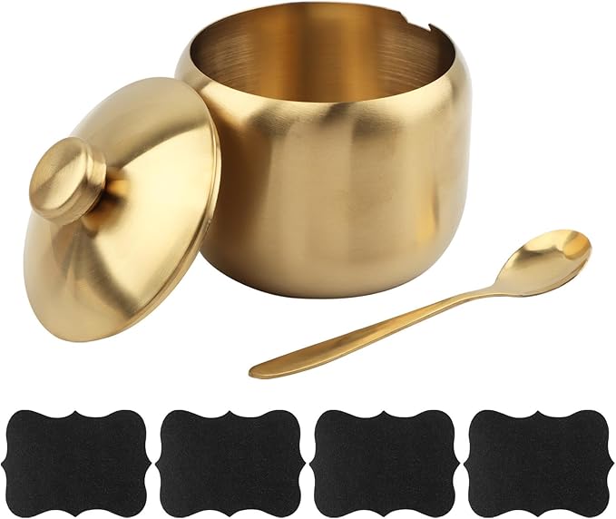 15oz Sugar Bowl with Lid and Spoon, Round Sugar Jar Kitchen Storage Container for Seasonings, Sugar, Salt, Pepper, Spices, Coffee Bar Kitchen Accessories, Dishwasher Safe(COLOR:Gold)
