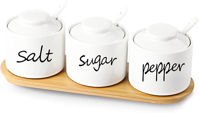 ONTUBE Farmhouse 8oz, Sugar Pepper and Salt Bowls with Lid and Spoon, Ceramics Condiment Pots,Seasoning Jar Spice Container for Kitchen,Dishwasher Safe (White)