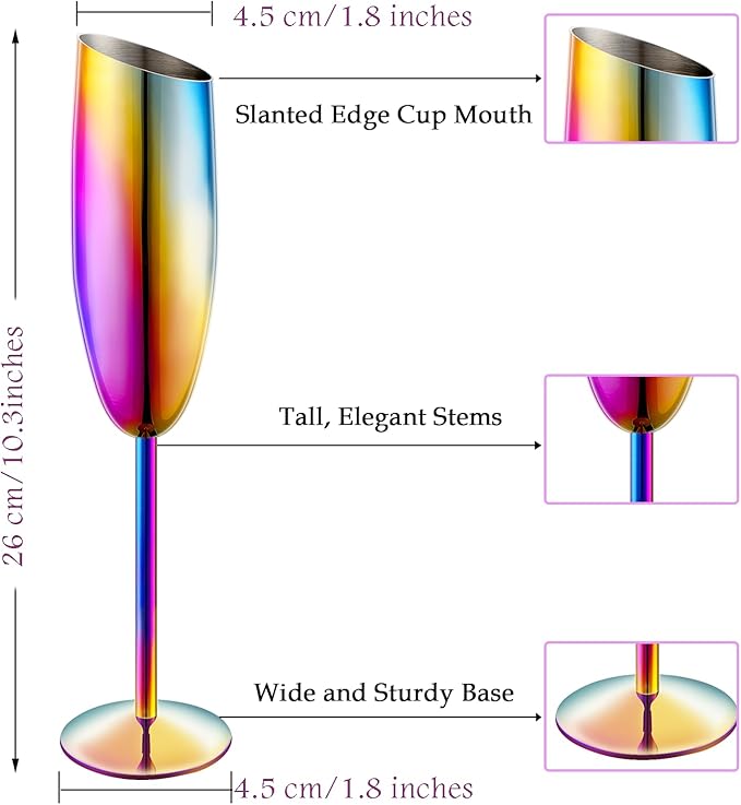 Champagne Flutes Set of 4, Premiumty Stainless Steel High Footed Champagne Glasses, 7oz Capacity,Unbreakable Slanted Champagne Glasses