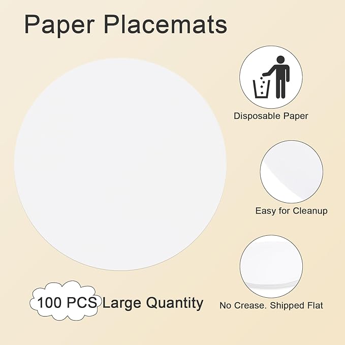 SHACOS 100 PCS Round Paper Placemats 13 inch Disposable Paper Place Mats for Dinner Wedding Birthday Party Festival Table Decoration Indoor Outdoor, White (Pack of 2)