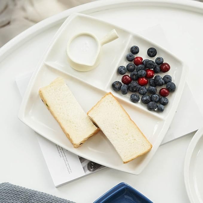 Elegant Quadrate Shaped Ceramic Divided Plate Dinner Plates Luncheon Plates Salad Plates Dishes for Kitchen, White/ Dark Blue (1, White)