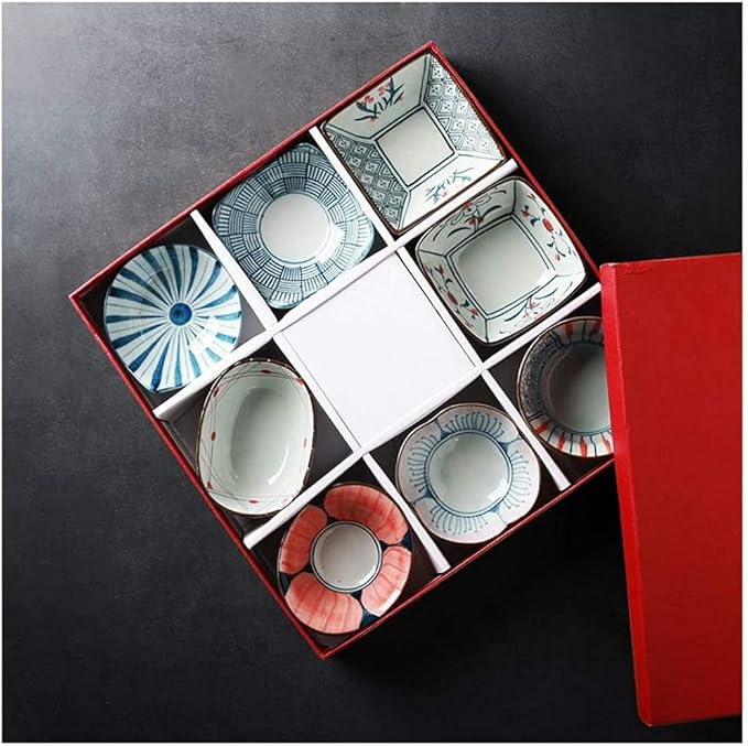 Appetizer Plates, Ceramic Sushi Dinnerware 8pc Set,Sushi Plates Soup Sauce Bowls,Dip Dish for Serving Dips, Dressings, Sauces, Appetizers-A