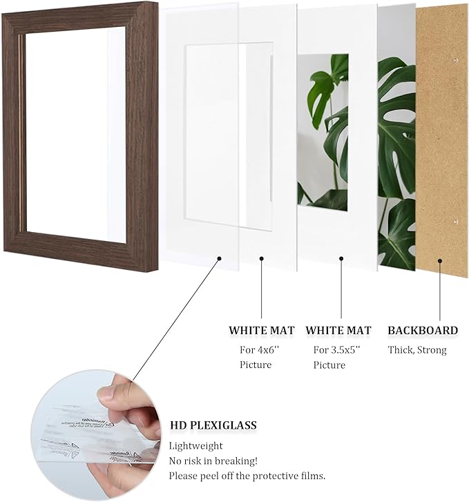 Egofine 4x6 Picture Frames Set of 4, Made of Solid Wood Covered by Plexiglass 3x4.5 and 3.5x5 with Mat or 4x6 without Mat, for Table Top Display and Wall Mounting Photo Frame Brown