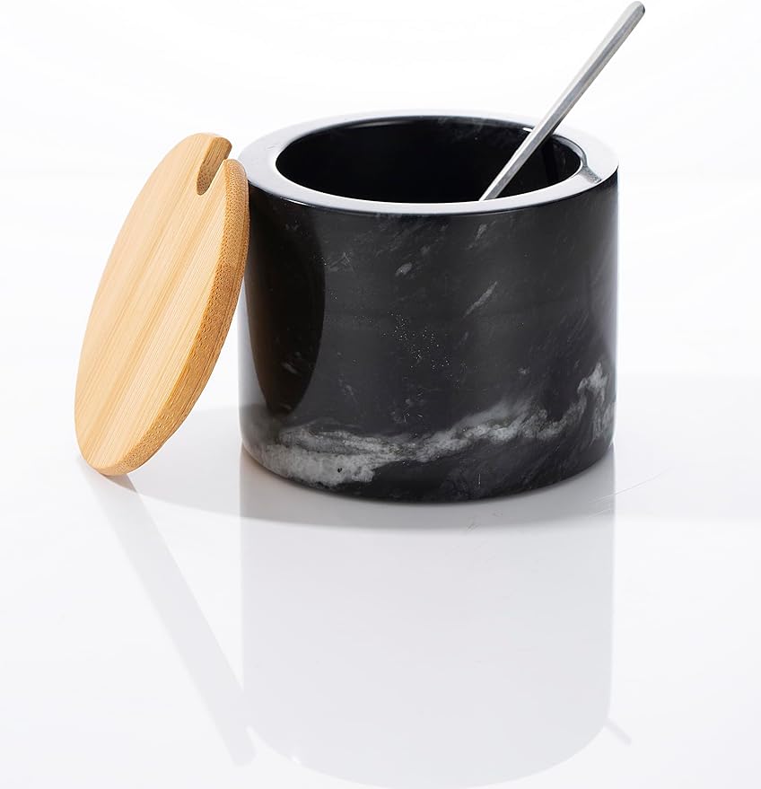 Marble Sugar Bowl with Lid & Spoon, Sugar Container 11oz,Sugar Dispenser Handcrafted from Natural Marble, Smooth Inside (Black)