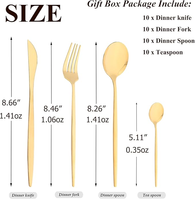 40 Pcs Mirror Polish Silverware Set, Large Set 18/10 Stainless Steel Flatware Cutlery Set For Home Daily Use/Wedding Party/Restaurant, Utensils Set Service For 10 (Gold)