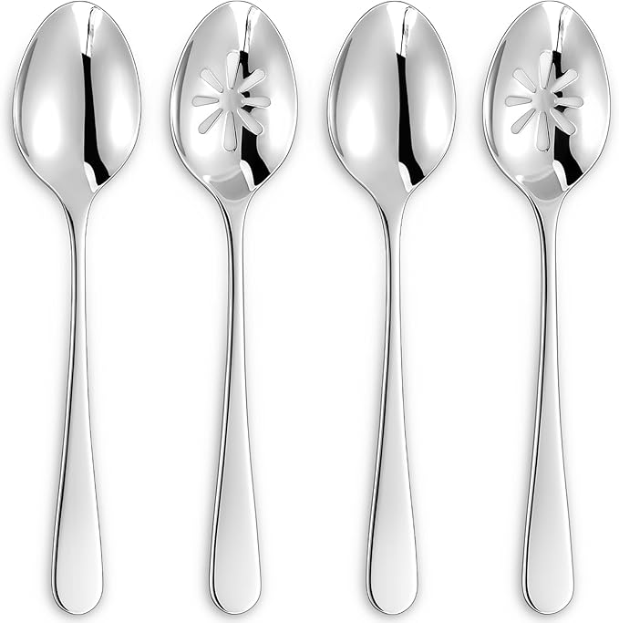 KEAWELL Louise Premium 2 Piece Serving Spoons and 2 Piece Serving Slotted Spoons – 9 inches – 18/10 Stainless Steel - Uniting Elegance and Durability - Exquisite Serving Utensils for Parties