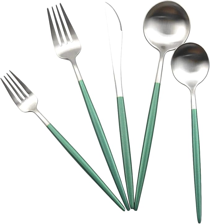 Gugrida Luxury Flatware, Royal 5 Piece Matte White Handle 18/10 Stainless Steel Tableware Sets for 1 Including Forks Spoons Knives, Camping Silverware Travel Utensils Set Cutlery (Green Silver)