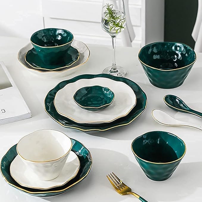 Dinnerware Set Dinner Party Tableware Service Set Nordic Minimalist Style Plate and Bowl Sets, Green and White Mixed Ceramic Dishware Sets, Irregular Underglaze Kitchen Plate Set