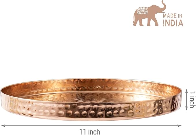 MyGift 11 Inch Deluxe Hammered Copper Kithchen Accessories Tray - Aluminum Plated Copper Platter and Vanity Tray - Handcrafted in India