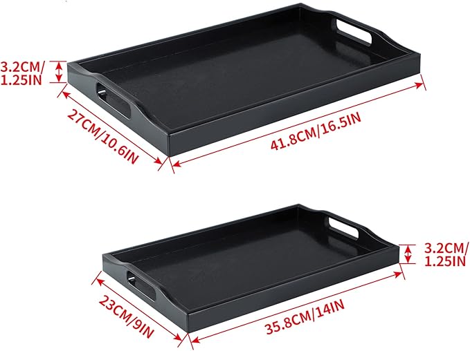 MDLUU Set of 2 Plastic Serving Tray, Ottoman Tray with Cutout Handles, Rectangle Butler Tray for Breakfast in Bed, Coffee Table, Kitchen Countertop (Black)