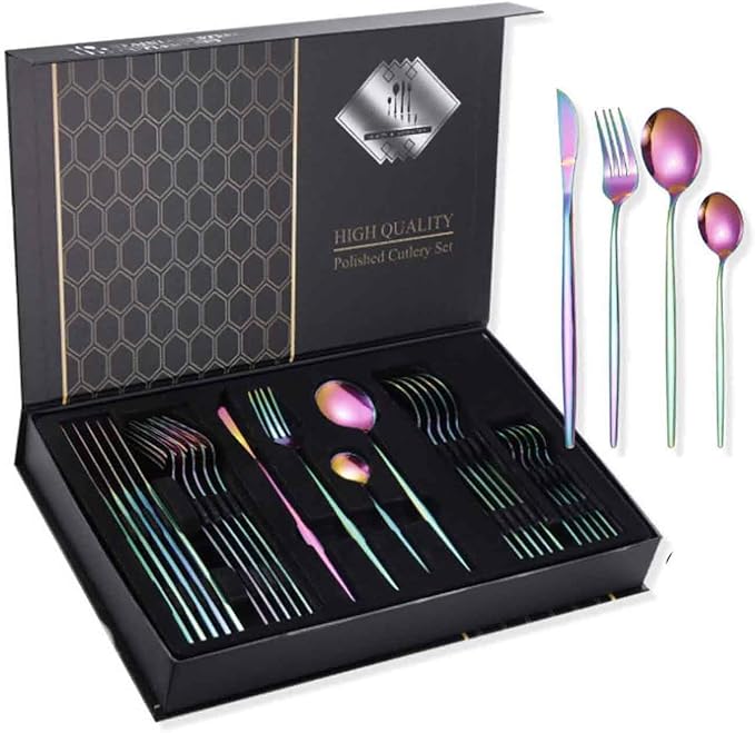 Flatware Service for 24 PCS, Knives Forks Spoon Set Serving for 6, Dishwasher Safe, for Tableware, Kitchen, Formal Events, Parties, Home, Hotel(Size:B,Color:Phantom)