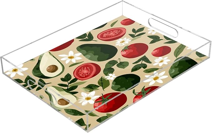 Serving Tray with Handles Clear Acrylic Tray 12x16 Inch Decorative Rectangular Tray Organizer for Ottoman Coffee Table Bathroom Avocados Tomatoes Floral Leaves Beige