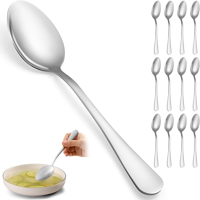 12 Pcs Large Tablespoons Set, Food-Grade Stainless Steel Soup Spoons, Metal Cutlery Spoon, Dinner Spoon, Spoons Silverware for Home, Kitchen or Restaurant, Mirror Polished, Dishwasher Safe 8 Inch