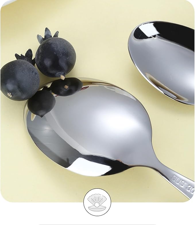 Stainless Steel Spoons, Stainless Steel Ceramic Handle Spoon, Korean Dessert Spoon with Imitation Pearl Handle, 8.4 Inches, 4 Pieces,Black.