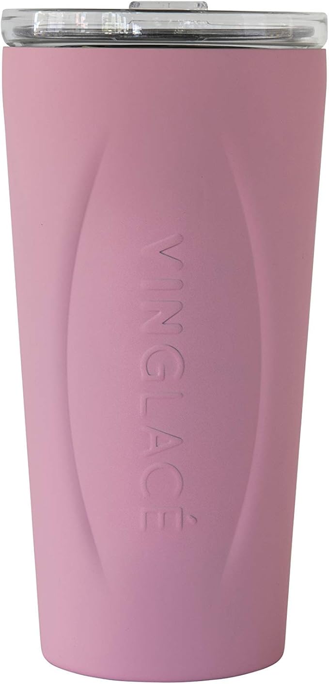 Vinglacé Stainless Steel Drink Tumbler- Insulated Hot and Cold Beverage Cup with Glass Insert and Lid, 14 oz, Rose