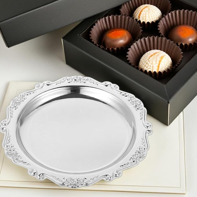 LOGOFUN 2pcs Vintage Iron Snack Tray Elegant Silver Dessert Plate Jewelry Holder Luxury Serving Dish for Home Decor Family Parties 15cm