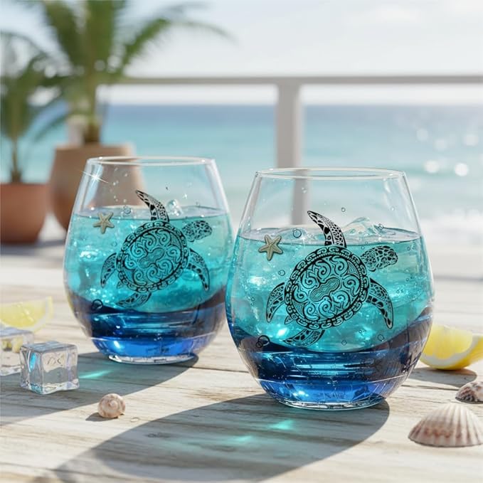 Sea Turtle Wine Glasses Set 4 - 13.3oz Crackle Teal Design, Hand blown Tortoise Wine Tumbler,Sea Turtle Gifts for Women, Birthday/Housewarming/Christmas Gifts for Seaturtle Lovers(4Count, Black)