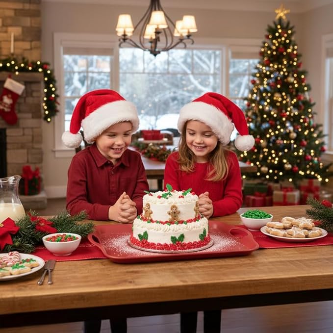 KINGEN 2-Pack Christmas Serving Trays -18×13-inch Large Tray, Vintage Velvet Red Platters for Holiday Buffets, BBQ, Party, Outdoor Serving - Santa's Christmas Decor (Bamboo Fiber, Red)
