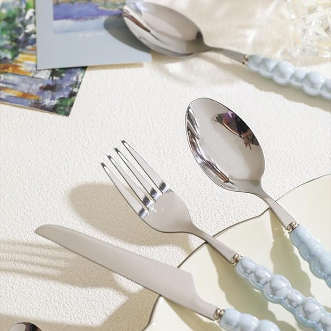 4Pcs Pearl Flatware Set, Creative Stainless Steel Flatware Pearl Ceramic Handle Silverware Tableware for Kitchen Hotel Home Steak Knife Dessert Spoon Dishwasher