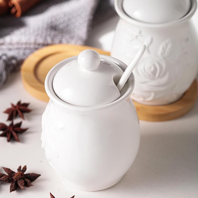 Hand Drawn Relief ceramics Ceramic Sugar Bowl 2 Pack, PorcelainJar with Tray, Spoon and Lid for Sugar, Pepper, Coffee, Spice, Salt, 8 Ounces (White Relief)