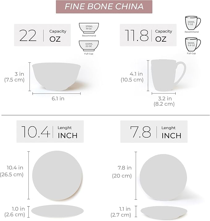 Bone China Dinnerware Set for 4, 16 Pc Round Dinner Set with Mugs - Porcelain and Microwave Safe - KOKEN