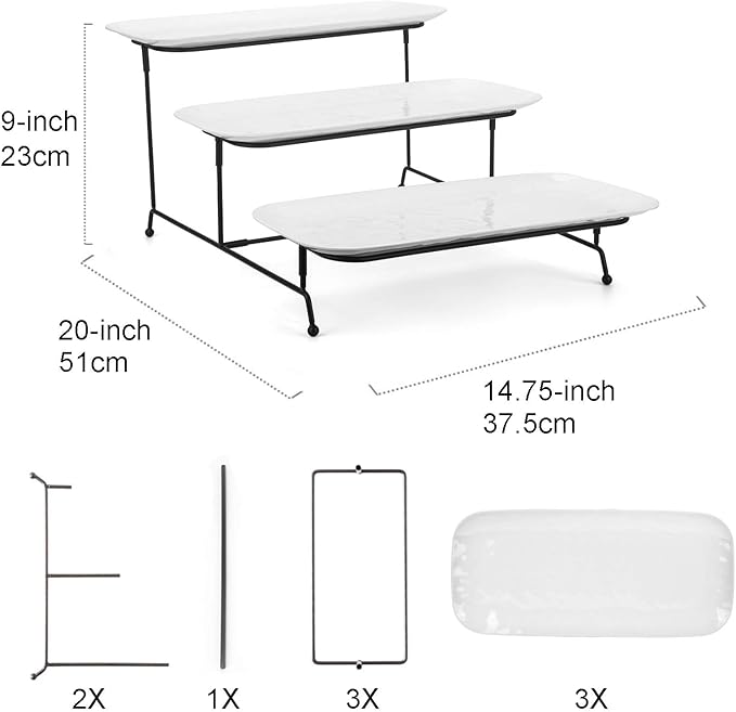 3 Tiered Serving Platter, 3-Piece 14.75" Melamine Tray and Tier Rack, Rectangular Food Display Stand with White Melamine Platters - Serving Trays for Parties