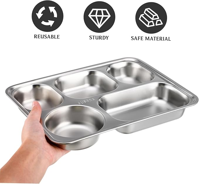 VALICLUD 1Set Stainless Steel Divided Plate Compartment Food Serving Tray for Home Restaurant Material Design for Lunch Snacks