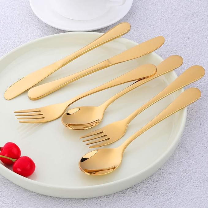 Flatware Silverware sets, 6pcs 18/8 Stainless Steel Student Cutlery Serving for 2, BPA-free Self-feeding Safe Kitchen Utensils, Mirror Polished (Gold)