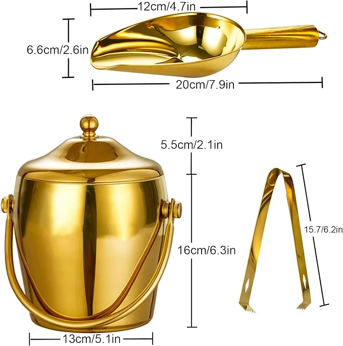 Ice Bucket Champagne Bucket with Tongs Scoop Lid, Double Wall Wine Bar Freezer Ice Bucket with Stand & Carrying Handle, Stainless Steel Mirror Bucket Champagne Bucket for Parties Bar Home,2L (Gold)
