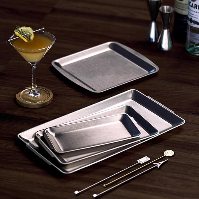 SUS304 Stainless Steel Serving Platters, Rectangle Metal Dinner Plates with Handles, Decorative Tray, Cheese Board, Compact Size for Appetizer or Side Dishes (9.25 x 8.27 inches)