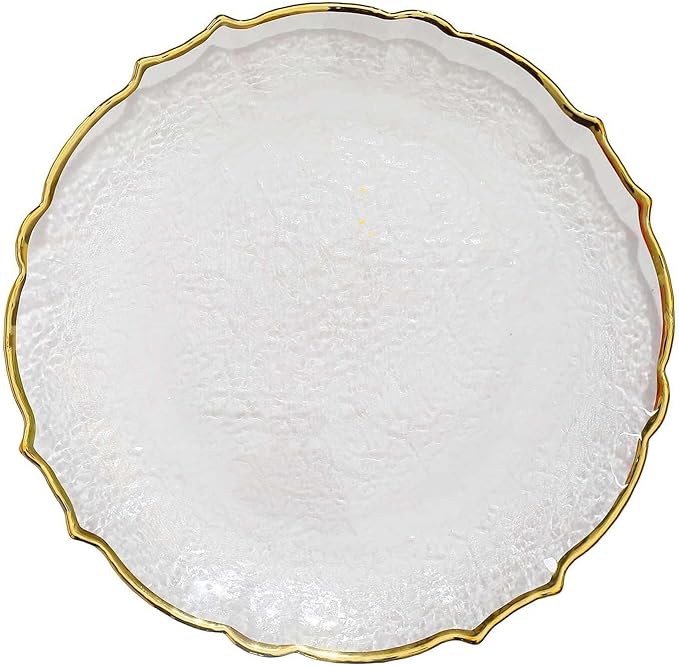 Efavormart 8 Pack | 13" Clear Glass Metallic Gold Scallop Edged Charger Plates For Events Table Decoration for Home & Professional Fine Dining, Catering, Dinner Parties, Weddings