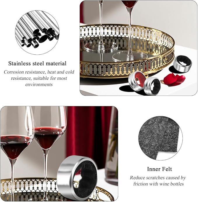 Wine Drip Collars, 4 Pack Stainless Steel Wine Bottle Top Drip Rings, Wine Drop Ring Catcher or Stopper with Detachable Felt Liner, Small Handy Wine Accessories for Kitchen and Bar