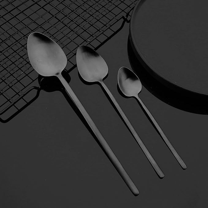 JASHII Modern Design 304 Stainless Steel 5.3" Tea Fork Set,3 prong Small Cake Fruit Forks and 5.4" Coffee Spoons Frosted Handle for Coffee Ice Cream Sugar Parties Events Wedding - Black