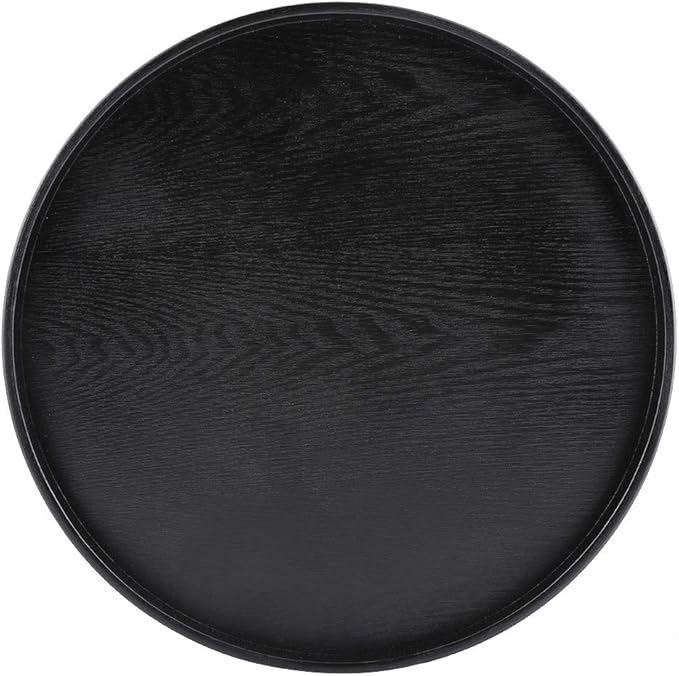 Tbest Black Round Wood Serving Tray, Solid Wood Tea Coffee Snack Food Meals Tray, Restaurant Trays