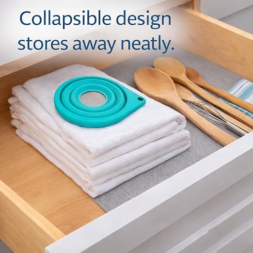 Collapsible Fine Mesh Strainer – Handy 4” Fold-Flat Silicone Funnel with Stainless Steel Filter for Kitchen, Wine, Coffee, Tea, Cocktails, Camping & RV