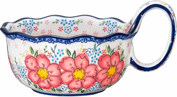 silesia Handmade Ceramic Soup Bowl, 30 oz Hand Painted Bowl with Loop Handle, Floral Design Cereal Bowl for Soup, Ice cream, Snack, Microwave & Dishwasher Safe (Flowers Pink)