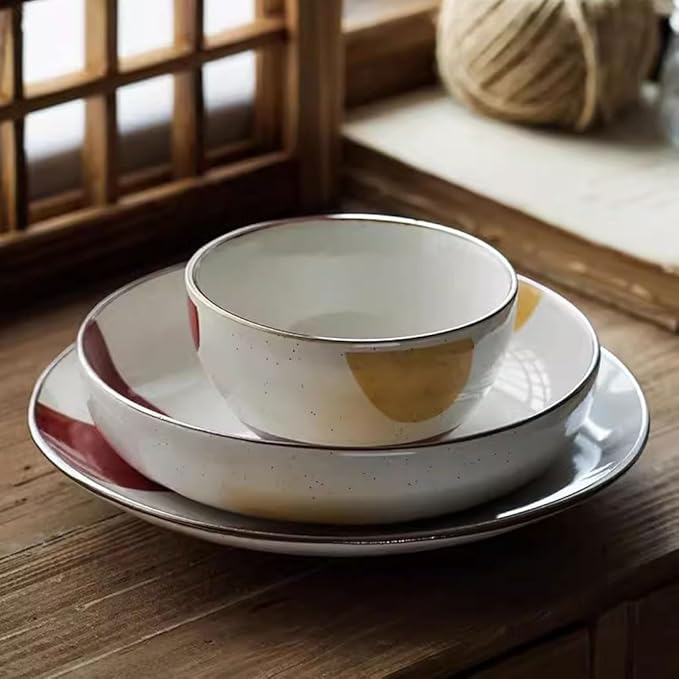 FEELIN Modern Large Dinner Plates Japanese Ceramic Plate Home Dish Plate Rice Bowl Retro Shallow Plate Steak Plate Dinner Plate Soup Bowl Stackable Dinner Plates(Color:C)