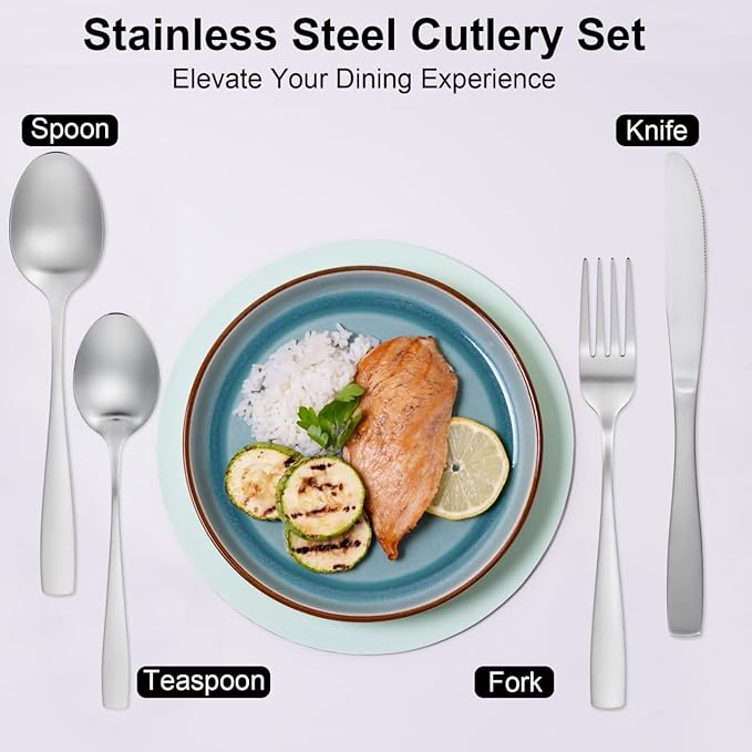 Tofficu Dinner Flatware Set 316 Stainless Steel Utensil Set Silverware Forks and Spoons Silver Dishwasher Safe Tableware for Daily Use and Parties