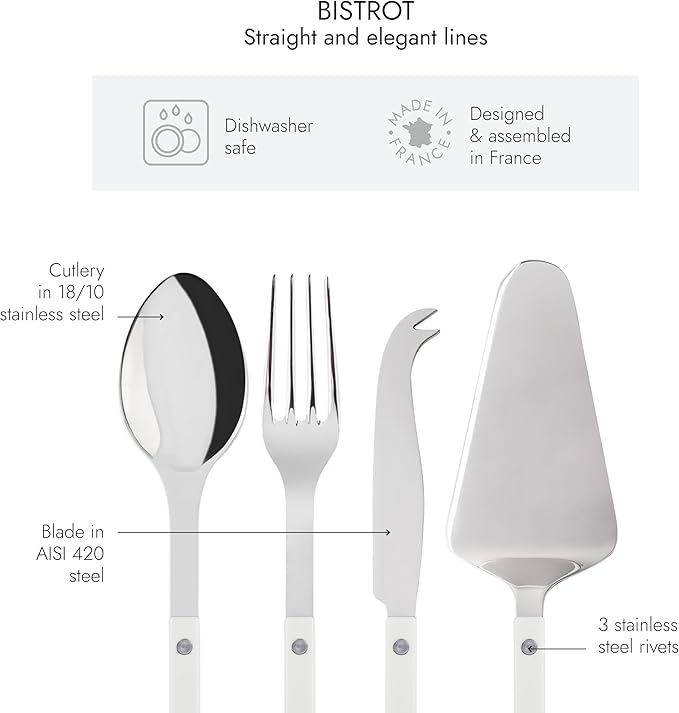 SABRE PARIS - 4-Piece Serving Set - Bistrot Collection - 2 Serving Flatware, Serrated Pie Server, Large Cheese Knife - Stainless Steel & Nylon - Dishwasher Safe - White - Brilliant Finish