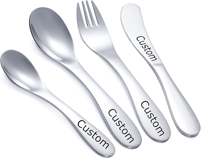 Stainless Steel Customized Rainbow Kids Silverware 2/3/4 Pieces Set,Engraving Name Knife Forks Spoon Set,Personalized Children's name tableware, Customized Flatware Set Silver