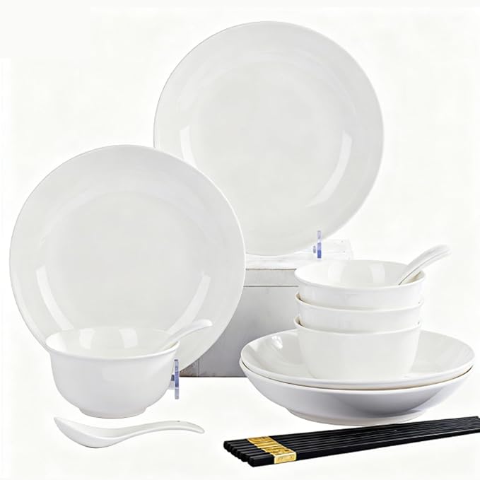 White Ceramic Dinnerware Set: Plates & Bowls for Kitchen, Microwave & Dishwasher Safe Dishes Collection (16pcs)
