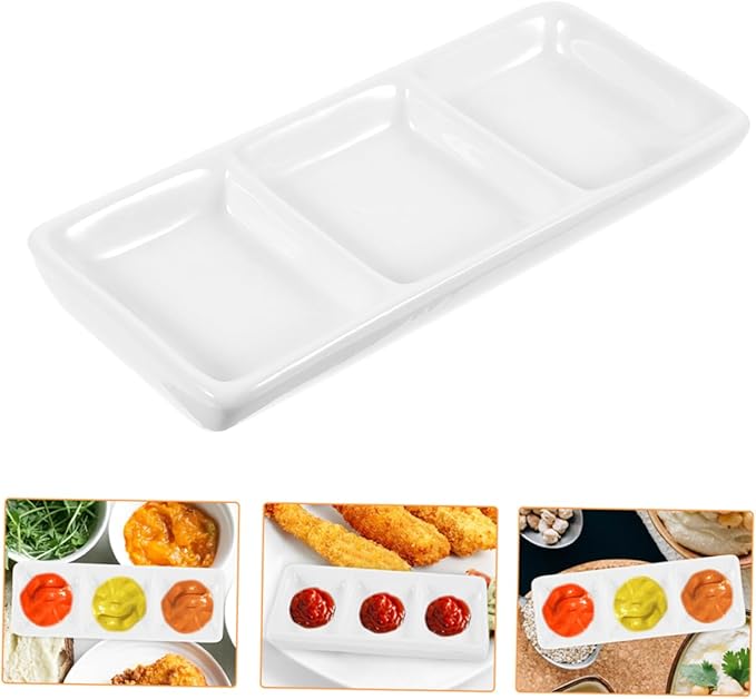 2-piece Snack Plate Set Divided Sauce Bowl Appetizer Serving Tray Ceramic Dishes White for Versatile Use