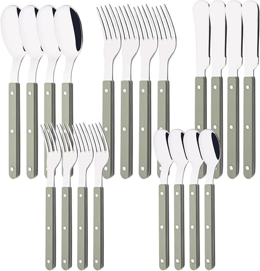 20 PCS Stainless Steel Flatware Set for 4, Silverware Set with Colored Handles, Retro Style Forks Spoons and Knives Set, Vintage Eating Utensils, Green Acrylic Handle with Rivets Design