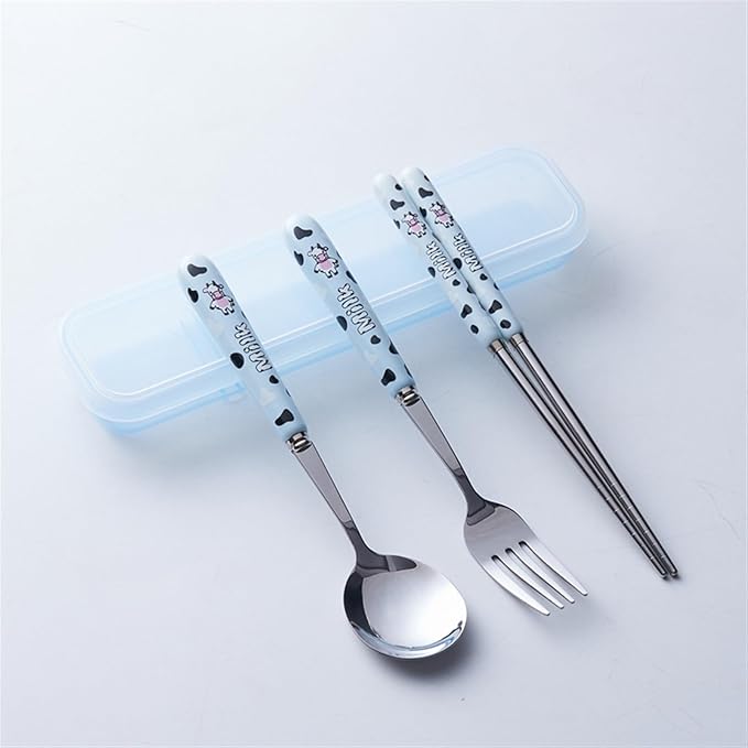 Cute Colorful Silverware Set, Milk Cow Series Ceramic Handle Dinnerware Set Flatware Kitchen Accessories Camping Travel Sets Fork Spoon Chopstick Portable Silverware Set with Case (Color : B