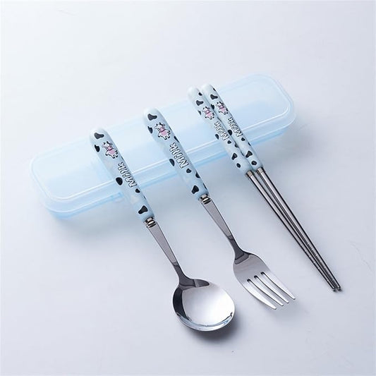 Cute Colorful Silverware Set, Milk Cow Series Ceramic Handle Dinnerware Set Flatware Kitchen Accessories Camping Travel Sets Fork Spoon Chopstick Portable Silverware Set with Case (Color : B