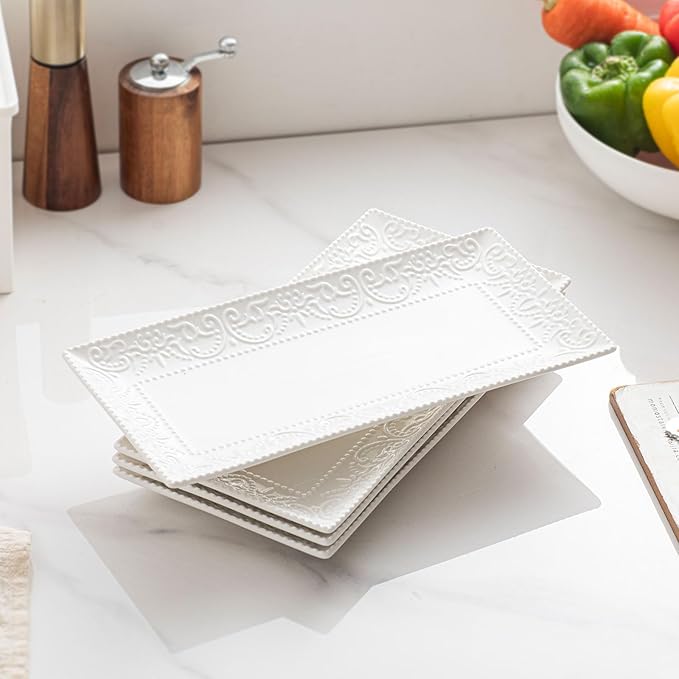 Rectangular Embossed Serving Platter Set, 12 Inch Large Serving Plates, Stackable Serving Tray for Wedding, Ceramic White Serving Platters for Entertaining, Dishwasher & Oven Safe (4PCS)