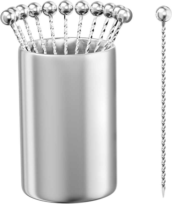 Metal Cocktail Picks 12Pack+Holder Kit, 304 Stainless Steel Toothpicks, Reusable Cocktail Skewers, Garnish Picks Bloody Mary Skewers, Martini Picks for Olives Appetizers Fruit (Thread Silvery)