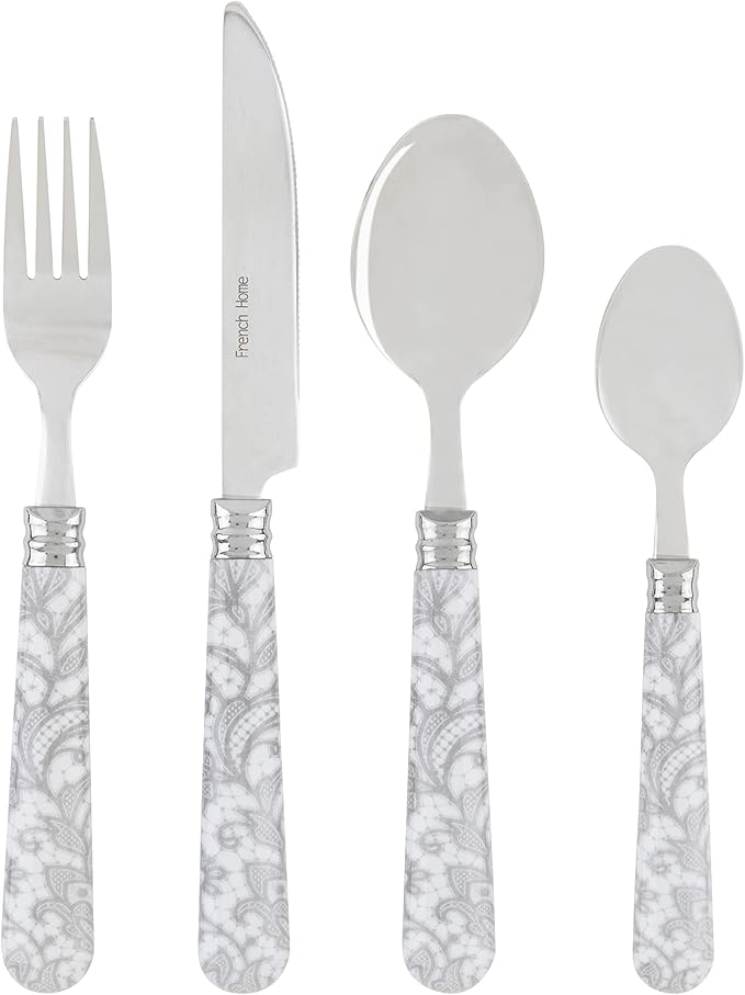 French Home Bistro 16-Piece Stainless Steel Flatware Set — Dinner Cutlery Set — Silverware Set Dishwasher Safe — Spoon & Fork And Knife Set — Modern Silverware Set For 4 (Light Gray & White)