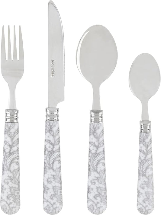 French Home Bistro 16-Piece Stainless Steel Flatware Set — Dinner Cutlery Set — Silverware Set Dishwasher Safe — Spoon & Fork And Knife Set — Modern Silverware Set For 4 (Light Gray & White)